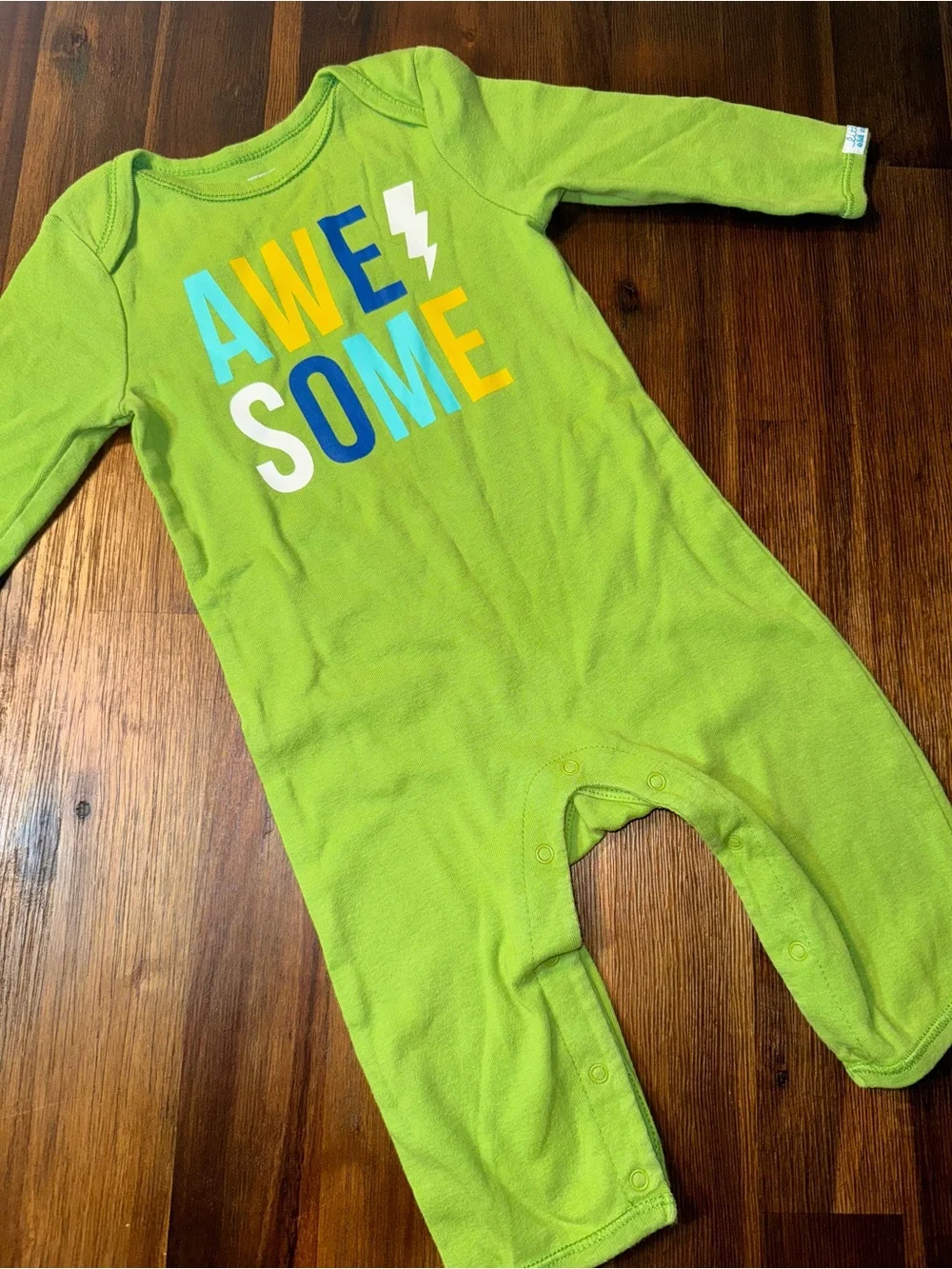 Old Navy 'AWESOME' Graphic Baby One-Piece Lime Green Long Sleeve Romper 6–12 mth